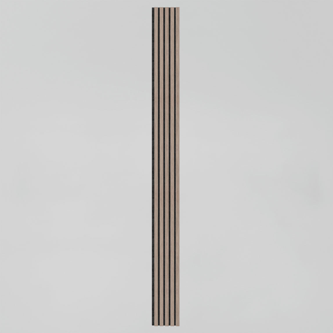 A tall, narrow wooden panel with evenly spaced vertical black stripes is centered against a plain light gray background.