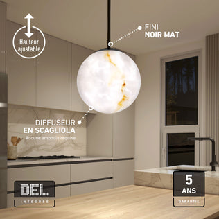 Modern kitchen with Artika Selena LED pendant light; features adjustable height, 3 CCT, and a 5-year warranty.