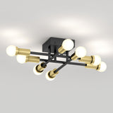 A modern ceiling light fixture with a black rectangular base and six exposed bulbs. The bulbs are attached to intersecting black bars with gold cylindrical sockets, emitting a soft glow against a white ceiling.