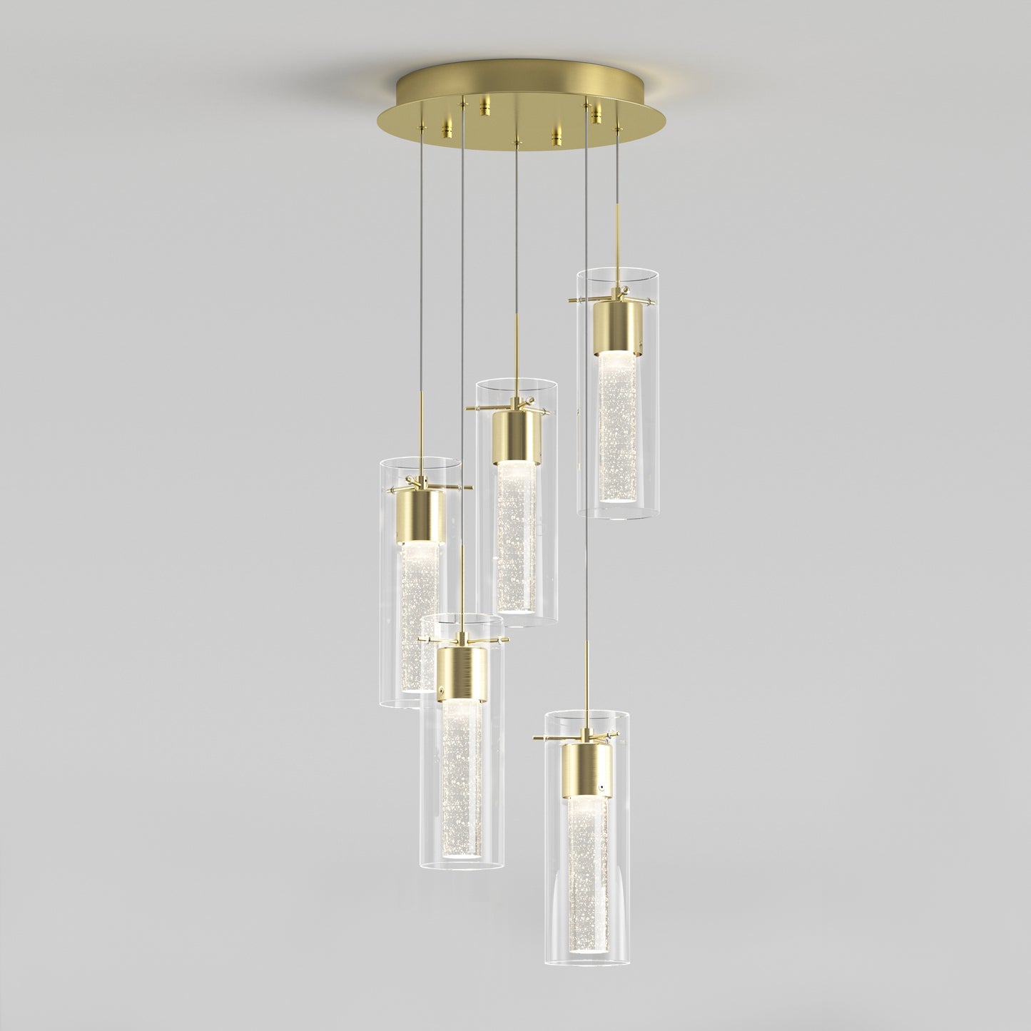 The Artika Essence 5-light LED pendant features five cylindrical glass shades suspended at varying heights, showcased against a plain light gray background.