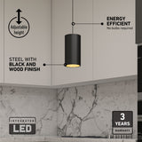 Black cylindrical pendant light with black and wood finish hangs above a marble backsplash in a modern kitchen. Text highlights its adjustable height, energy efficiency, integrated LED, and 3-year warranty.