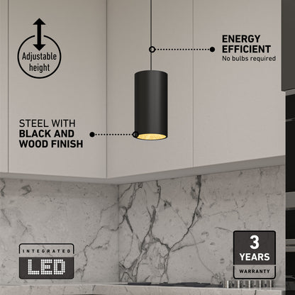 The Artika Alton mini LED pendant light 5 CCT features a black and wood design, steel build, adjustable height, energy efficiency, integrated LEDs (no bulbs needed), and a 3-year warranty—perfect for modern marble kitchens.