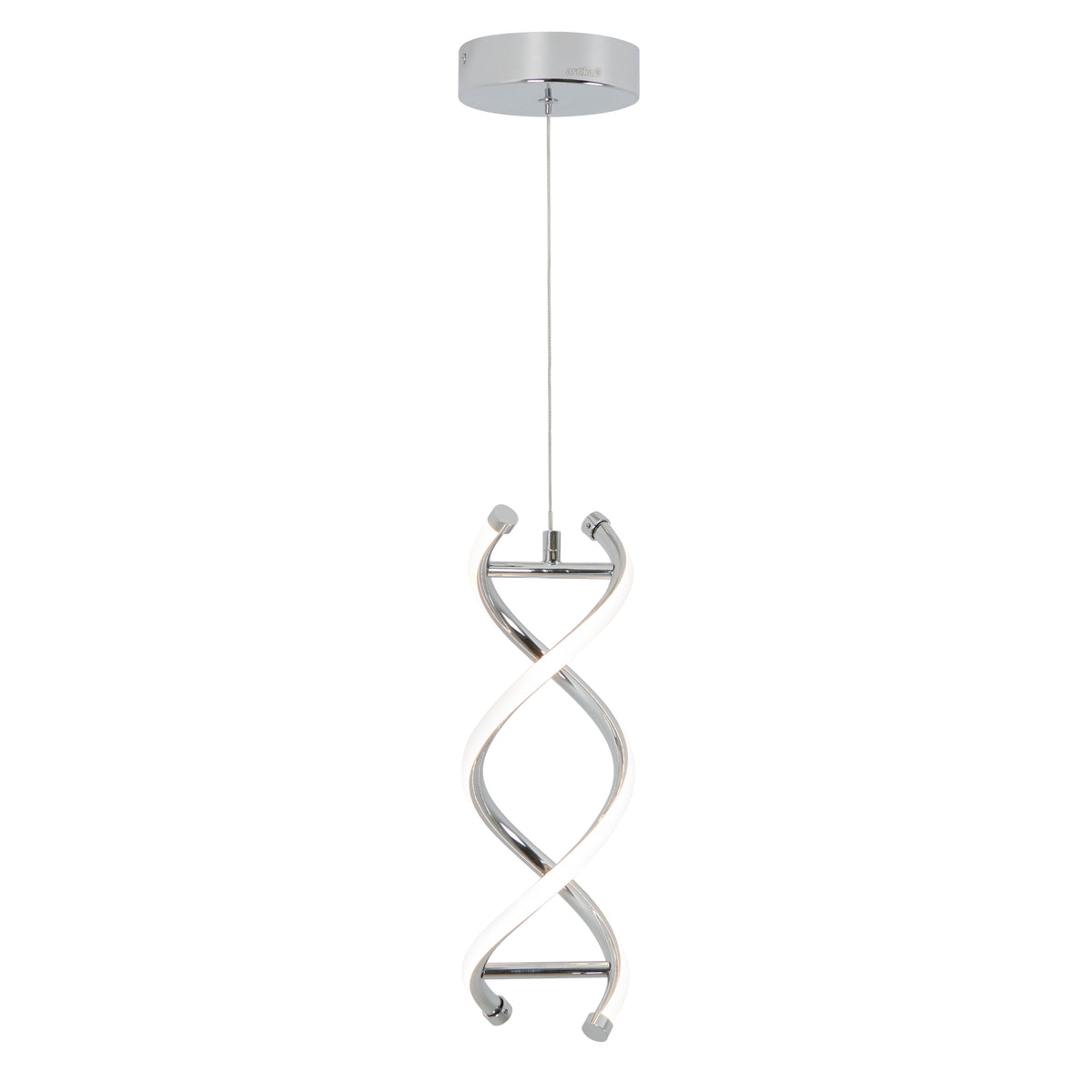 The Artika DNA LED pendant light features a chrome base and two intertwined LED strips in a double helix design, suspended from a ceiling mount by a single cord.