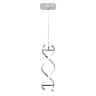 The Artika DNA LED pendant light features a chrome base and two intertwined LED strips in a double helix design, suspended from a ceiling mount by a single cord.