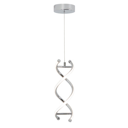 The Artika DNA LED pendant light features a chrome base and two intertwined LED strips in a double helix design, suspended from a ceiling mount by a single cord.