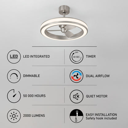 Artika Edwin 25 in. LED fandelier ceiling fan with an integrated circular light, timer, dual airflow, and a 50,000-hour lifespan.