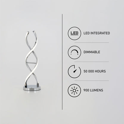 The Artika Swirl LED table lamp appears on a light gray background, with four icons highlighting its features: integrated LED, dimmable function, 50,000-hour lifespan, and 900 lumens.