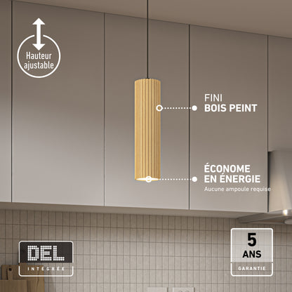 Artika Groove LED modern pendant light 3 CCT with a cylindrical ribbed wood finish, adjustable height, energy efficiency, and a 5-year warranty.