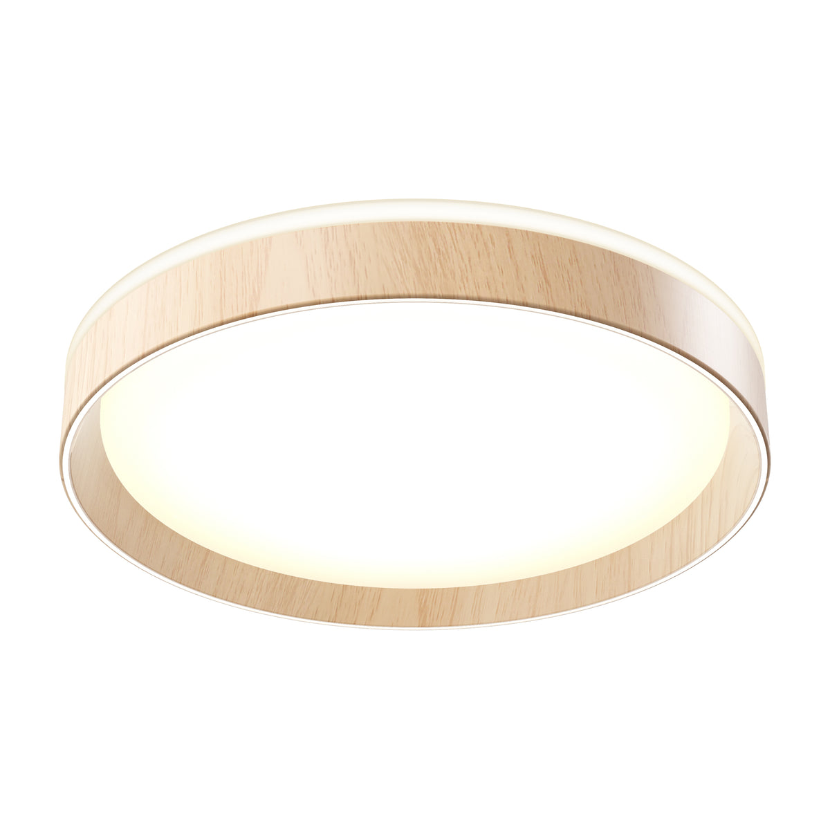 A modern, round ceiling light fixture with a wooden finish and a soft, glowing white light.