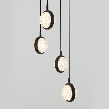 The Artika Avalon 4-light LED pendant features modern round, textured glass shades and black frames, suspended at different heights against a plain light gray background.