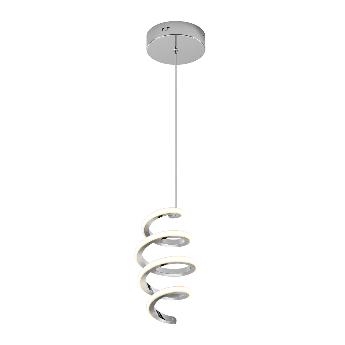 A modern pendant light with a chrome ceiling mount and a spiral-shaped LED fixture hanging vertically, featuring a sleek and contemporary design.