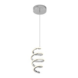 A modern pendant light with a chrome ceiling mount and a spiral-shaped LED fixture hanging vertically, featuring a sleek and contemporary design.
