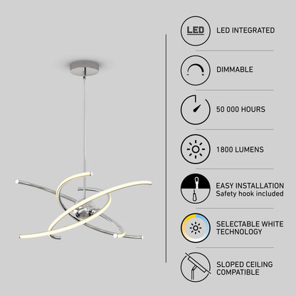 The Artika Silvio LED pendant light 3 CCT features intertwined strips, a chrome finish, selectable white (CCT), dimmable LED integrated lighting, 1800 lumens, 50,000-hour lifespan, easy installation, and sloped ceiling compatibility.