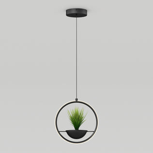 The Artika Colin LED modern planter pendant light 5 CCT features a circular frame with a small green plant inside, hanging from the ceiling against a plain white background.