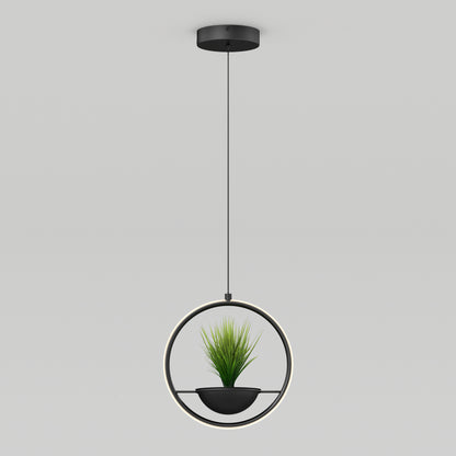 The Artika Colin LED modern planter pendant light 5 CCT features a circular frame with a small green plant inside, hanging from the ceiling against a plain white background.