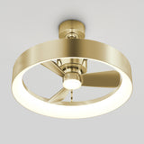 A modern ceiling fan with a brushed gold finish, featuring three blades and a circular integrated LED light, mounted on a white ceiling.