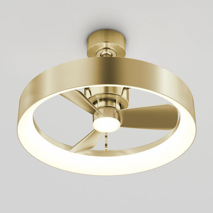 A modern ceiling fan with a brushed gold finish, featuring three blades and a circular integrated LED light, mounted on a white ceiling.