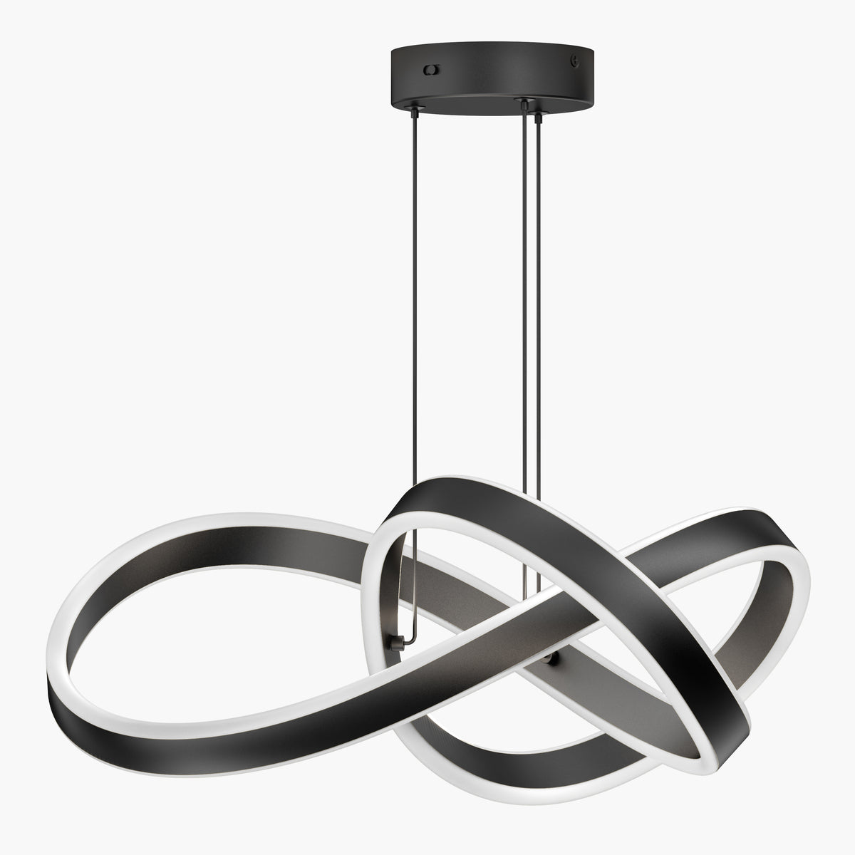 The Artika Bolero LED pendant light 5 CCT features an intertwined infinity loop design in black and white, suspended from a round ceiling mount by two vertical cables, displayed against a white background.