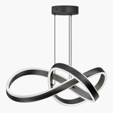 A modern pendant light with two intertwined, black and white LED loops hanging from a round ceiling mount by two thin cables, creating an abstract, infinity-like shape.