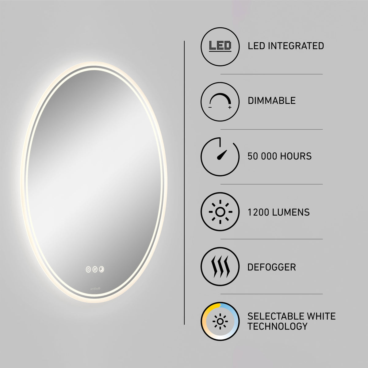 Artika Corby 22″x28″ LED mirror: 3 CCT selectable, defogger, dimmable, 50,000 hrs lifespan, 1200 lm output.