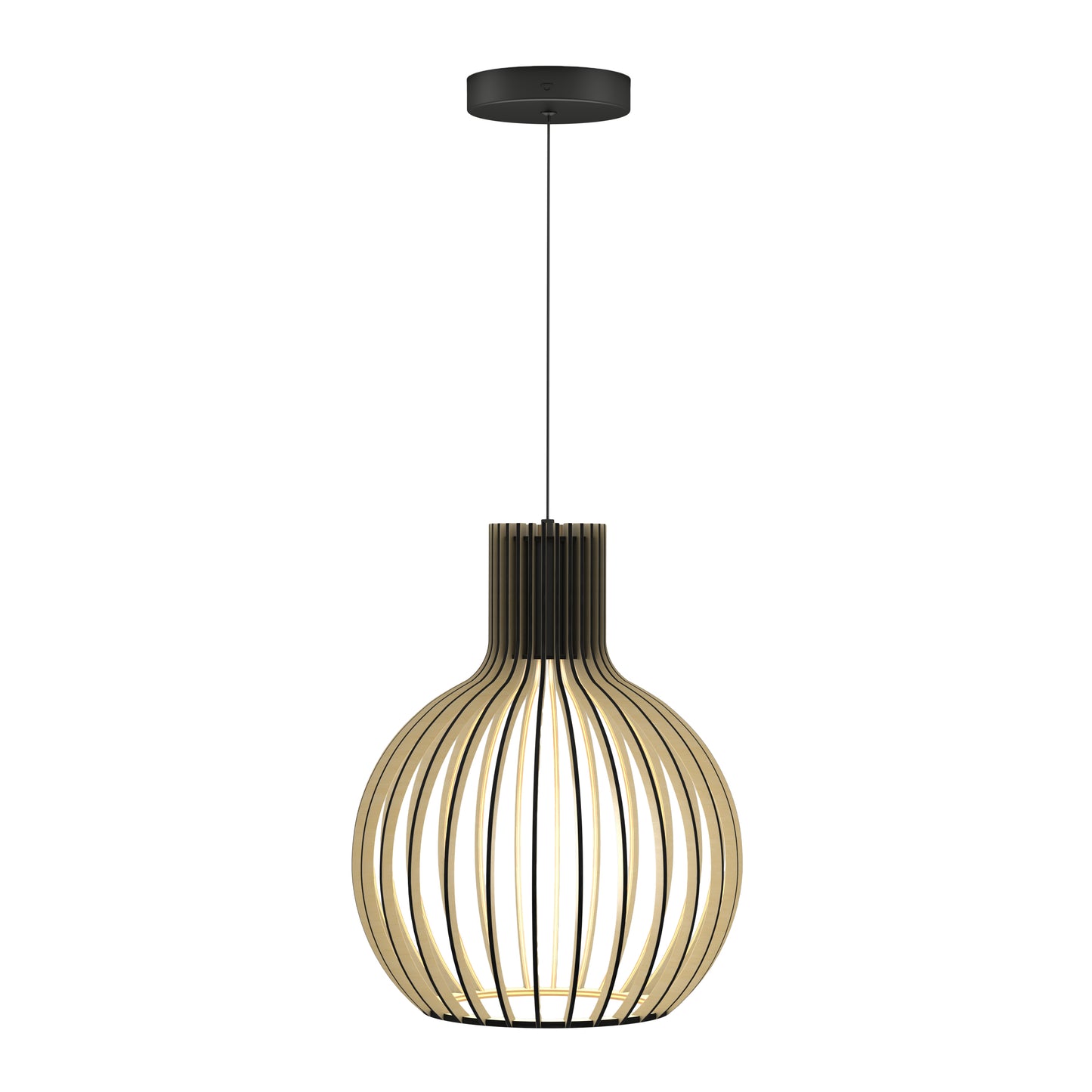 The Artika Tomi LED Pendant Light 3 CCT features a round, open cage design with vertical wooden slats, suspended by a slim black cord from a round ceiling mount. The LED light source sits at the center of the wooden frame.