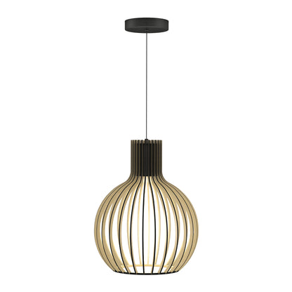 The Tomi LED Pendant Light 3 CCT by Artika features a round, cage-style wooden frame with open slats, suspended from the ceiling by a black cord and mount. Its adjustable LED emits a warm glow for modern spaces.