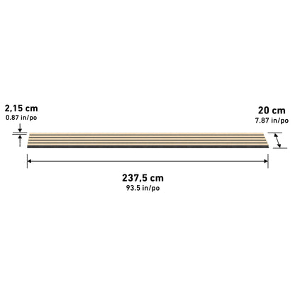The Artika Sonolok sound-absorbing wall panel kit features horizontal wooden planks measuring 2.15 cm (0.87 in) thick, 20 cm (7.87 in) wide, and 237.5 cm (93.5 in) long.