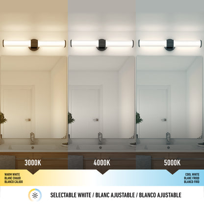 A bathroom with the Artika Kendra LED contemporary vanity light is shown above the mirror in three modes—warm white (3000K), neutral white (4000K), and cool white (5000K)—each altering the rooms color tone.