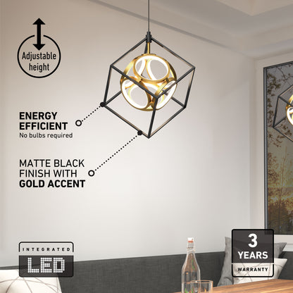 The Artika Mini Luxury LED pendant light features a matte black and gold finish, adjustable height, energy-efficient integrated LED, and comes with a 3-year warranty—perfect for modern dining areas.