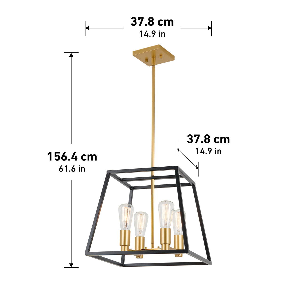 Gold and black geometric pendant light fixture with four exposed bulbs. Dimensions are shown: 156.4 cm tall, 37.8 cm wide and deep (61.6 in tall, 14.9 in wide/deep).