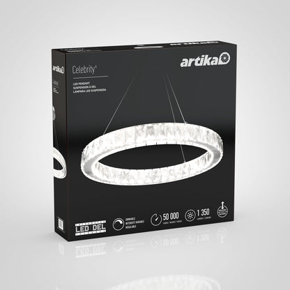 Box packaging for the Artika Celebrity LED pendant light showcases a glowing circular crystal chandelier on a black background, with product features and specifications listed at the bottom.