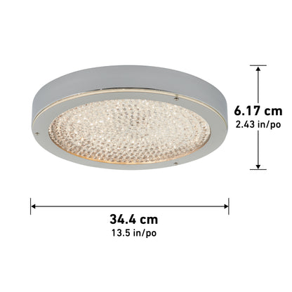 The Artika Glitter LED flush mount is a round, modern ceiling light with a textured, crystal-like diffuser and metal rim. It measures 34.4 cm (13.5 in) wide by 6.17 cm (2.43 in) high.