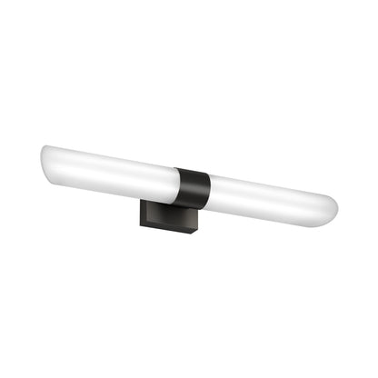 The Artika Wilton LED modern bathroom vanity light features a horizontal cylindrical frosted glass shade and a black rectangular base, offering 5 selectable color temperatures.