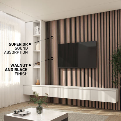 Modern living room featuring Artika’s Sonolok sound-absorbing wall panel kit in a walnut and black finish, with a mounted TV, white floating shelf, potted plant, and large window. Overlay highlights superior sound absorption.