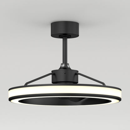 A modern ceiling light fixture with a circular, black frame and a glowing white LED ring, suspended from the ceiling by a central black rod and supports. The design is sleek and minimalistic.