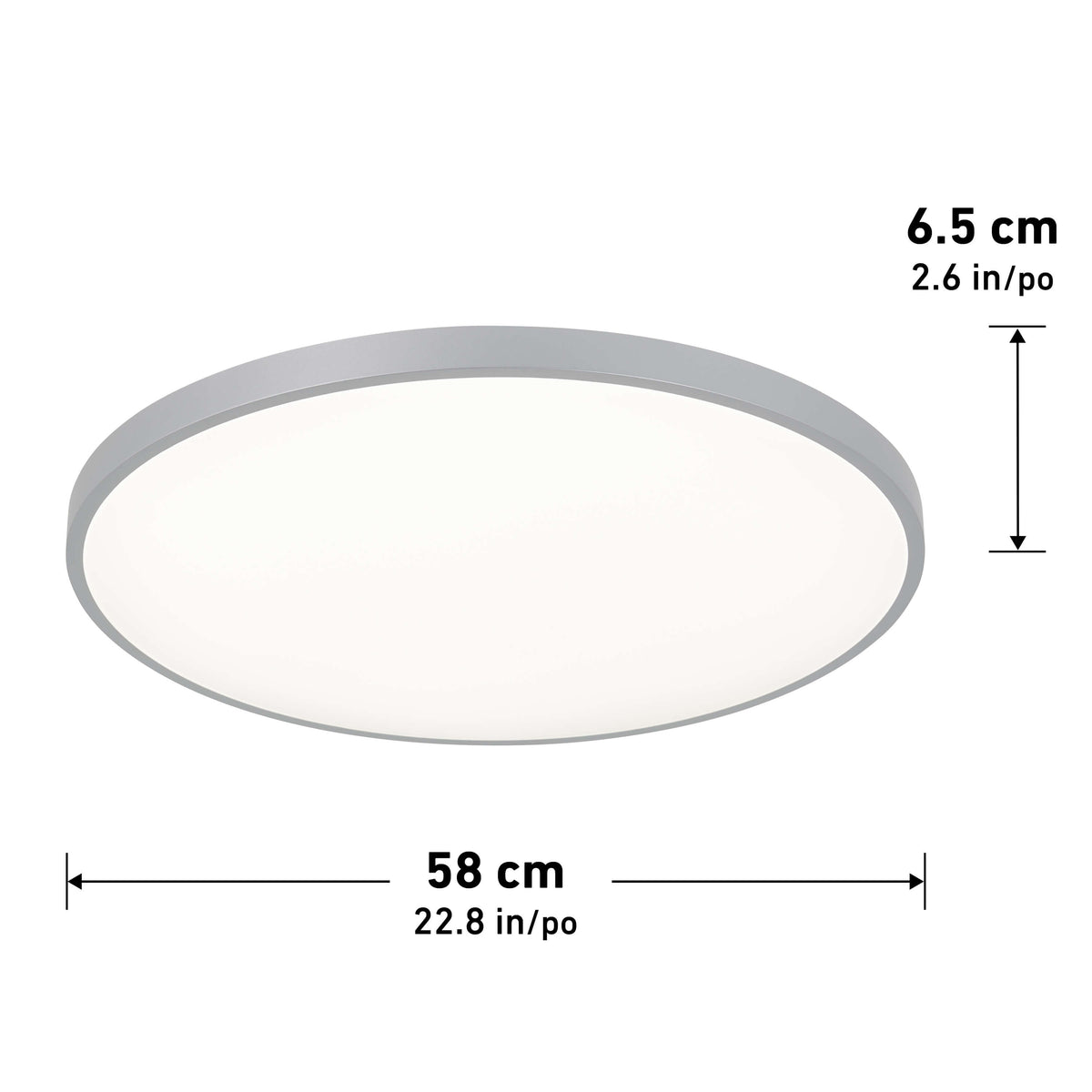 A round, flush-mount ceiling light with a silver-gray rim. Dimensions are shown: 58 cm (22.8 in) in diameter and 6.5 cm (2.6 in) in height.
