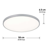 A round, flush-mount ceiling light with a silver-gray rim. Dimensions are shown: 58 cm (22.8 in) in diameter and 6.5 cm (2.6 in) in height.