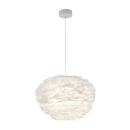 The Artika Plume LED pendant light is a round, white fixture with a fluffy, feather-like texture, hanging from a white cord and ceiling mount against a plain background.