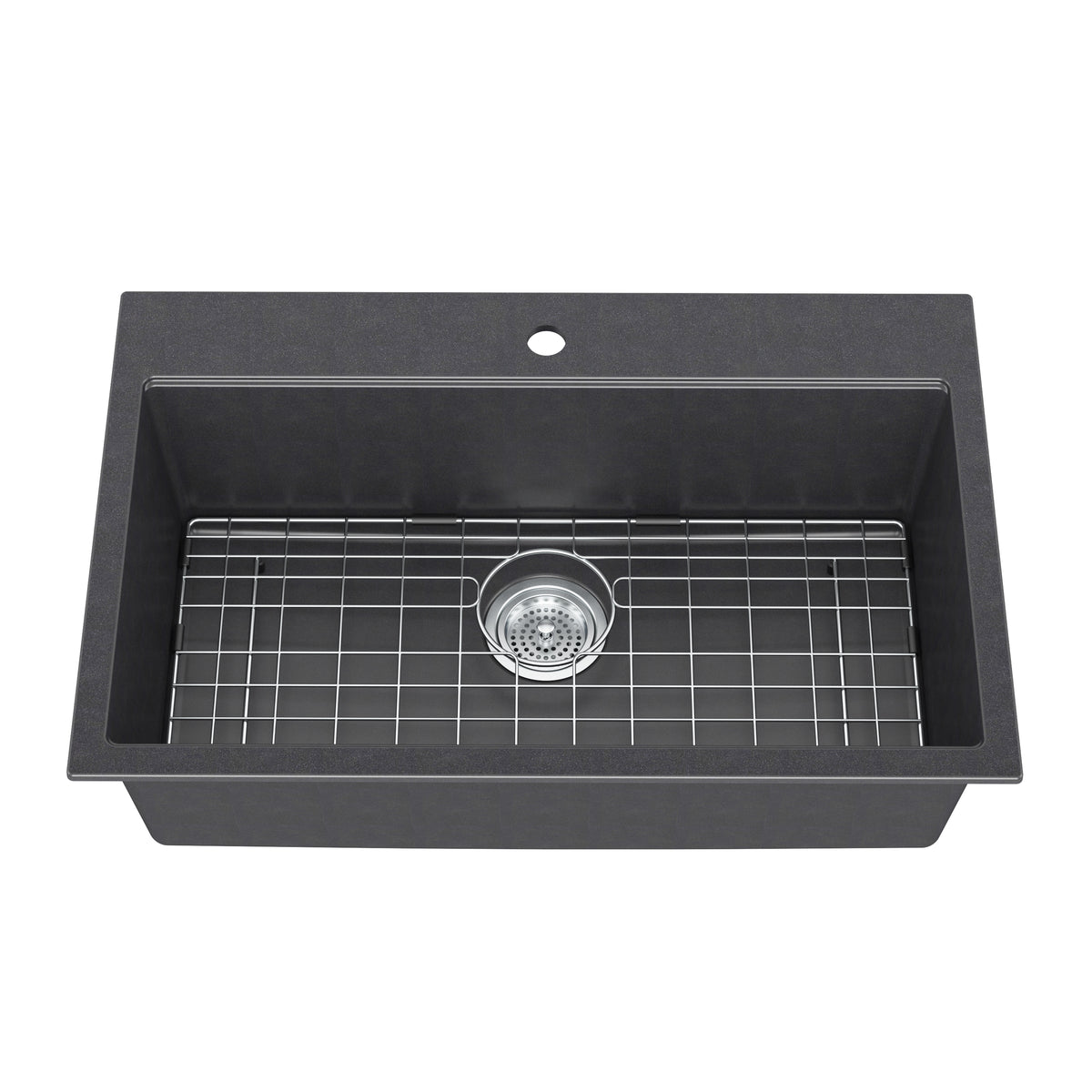 Artika Baycrest 31 in. Modern Sink: rectangular black, single bowl, silver drain, metal grid—top view.