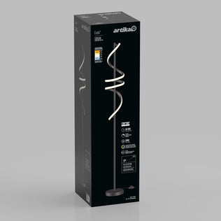 A sleek black box displays the Artika Coda modern LED floor lamp 5CCT, featuring a spiral design, adjustable color temperature, energy-efficient lighting, and a circular base.