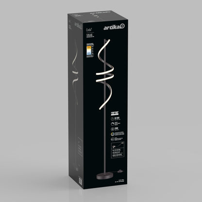 A sleek black box displays the Artika Coda modern LED floor lamp 5CCT, featuring a spiral design, adjustable color temperature, energy-efficient lighting, and a circular base.