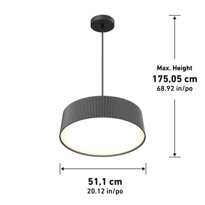 The Artika Groove Drum LED contemporary pendant light features a ribbed, circular shade with max height of 175.05 cm (68.92 in) and diameter of 51.1 cm (20.12 in); measurement arrows shown right and bottom.