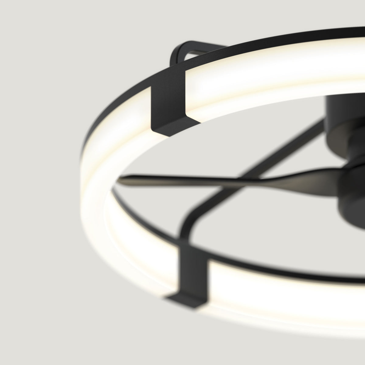 The Artika Sunnyvale 28 in. LED modern ceiling fan features a sleek, minimalist design with a circular LED ring, black metal supports, adjustable lighting, and comes with a remote for customizable ambiance. Shown on a light gray background.
