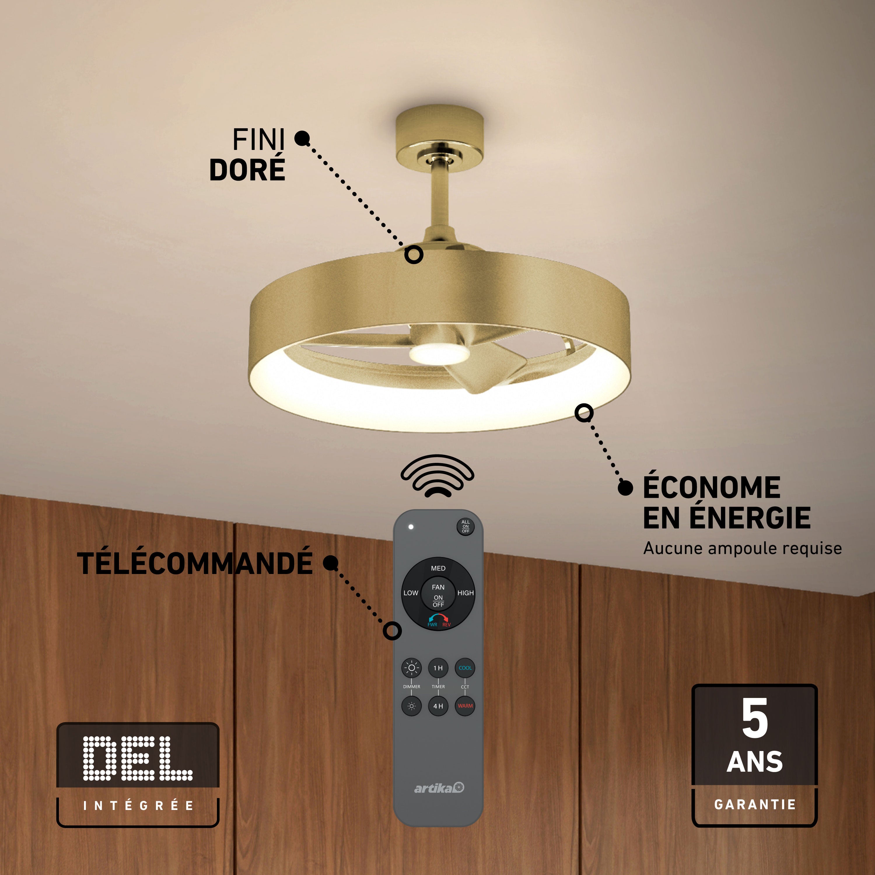 Austin 23 in. LED modern ceiling fan in Gold | Artika