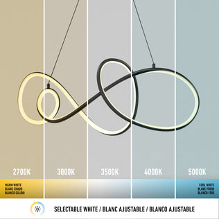 The Artika Siena modern LED pendant light 5 CCT is shown with five color temperatures from warm white (2700K) to cool white (5000K), highlighting lighting warmth, with labels in English, French, and Spanish.