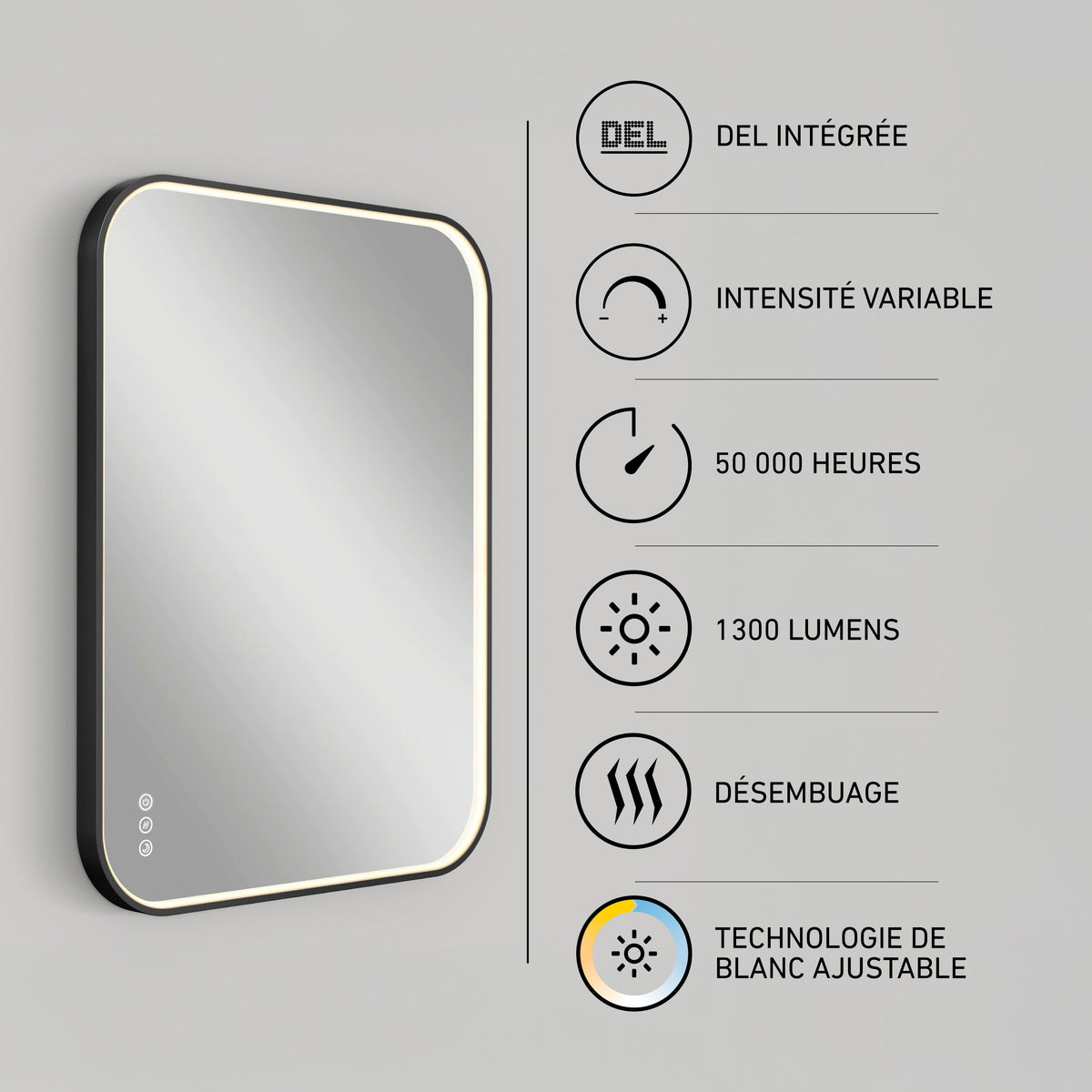 Artika Royce 24″x32″ dimmable anti-fog LED mirror with icons for 50,000 hrs, defogging, and adjustable color temperature.