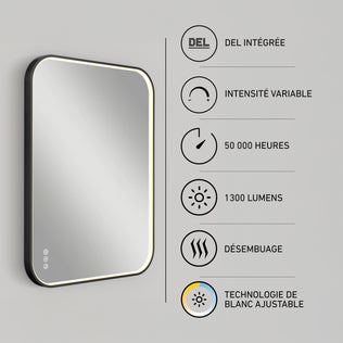Artika Royce 24″x32″ dimmable anti-fog LED mirror with icons for 50,000 hrs, defogging, and adjustable color temperature.