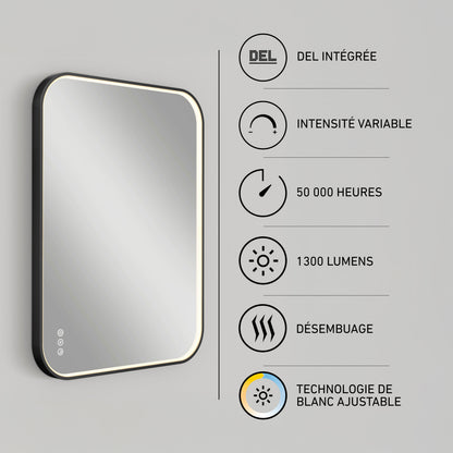 Artika Royce 24″x32″ dimmable anti-fog LED mirror with icons for 50,000 hrs, defogging, and adjustable color temperature.