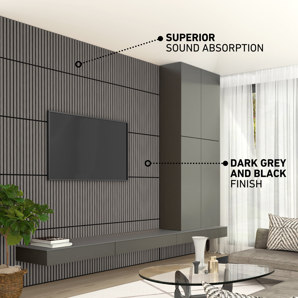 Modern living room with a wall-mounted TV on a dark grey and black slatted panel wall, floating shelves, tall cabinets, and large windows with sheer curtains. Text highlights superior sound absorption and the finish colors.