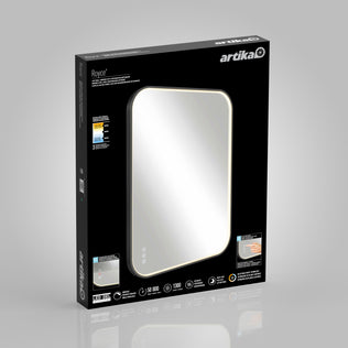 Artika’s Royce Dimmable LED Mirror, 3 CCT, comes in a black box with a large image of the rectangular mirror. The packaging highlights touch controls, dimmable lighting, adjustable color temperature, defogger, and can be mounted horizontally or vertically.
